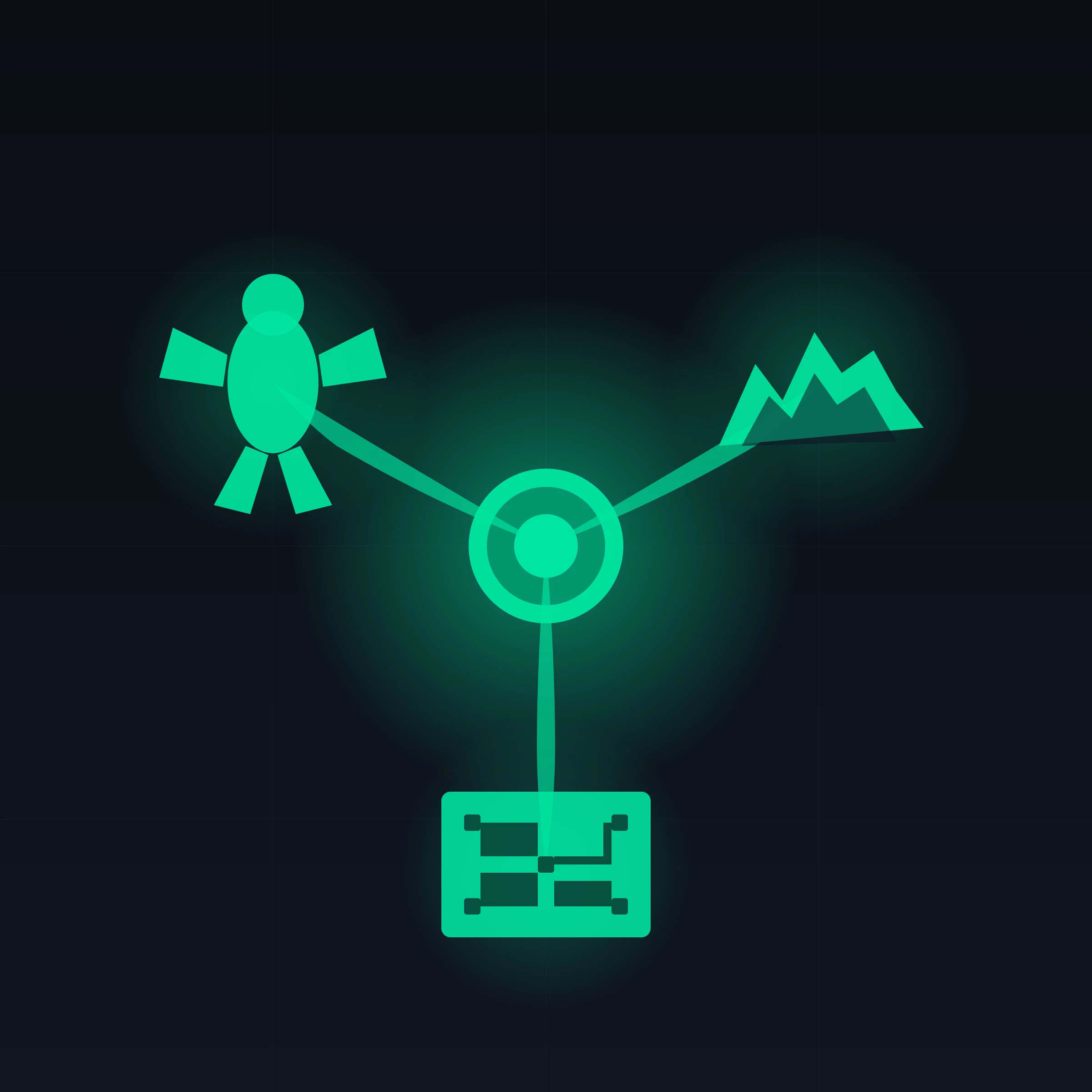 A single bright seed point at the center of a dark canvas with three glowing branches radiating outward at 120 degrees, each terminating in a distinct silhouette — a jagged mountain ridge top-right, an organic alien creature blob top-left, and a rectangular PCB trace pattern bottom-center, all rendered in the same accent green to visually unify them as outputs of one process