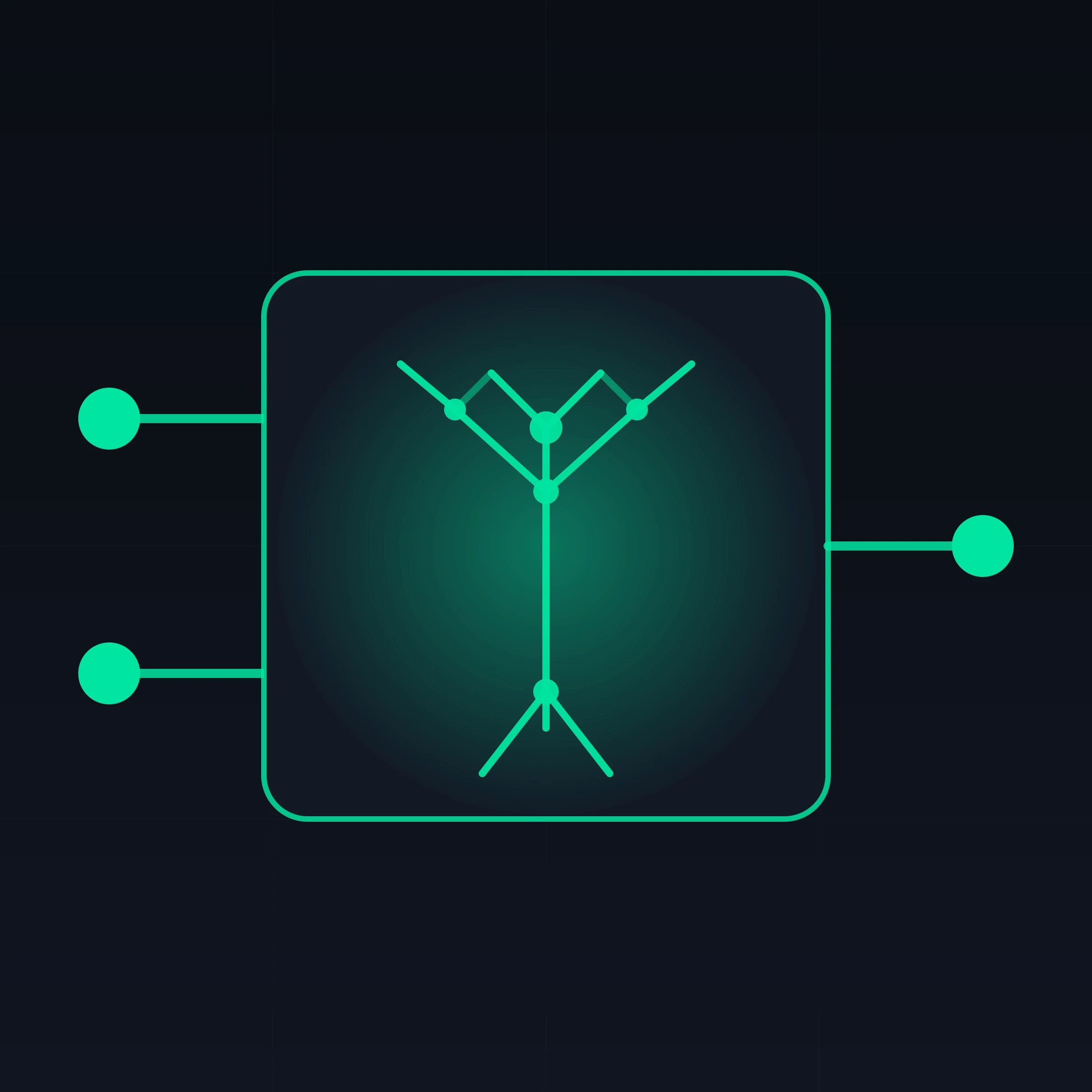 A single rounded graph-node card centered on a dark canvas with two input port dots and short wire stubs entering from the left and one output port dot exiting to the right, and inside the node body a glowing accent-green wireframe three-dimensional skeletal form rendered as if previewed live — the node is the unit of computation and the wireframe is what that computation just produced